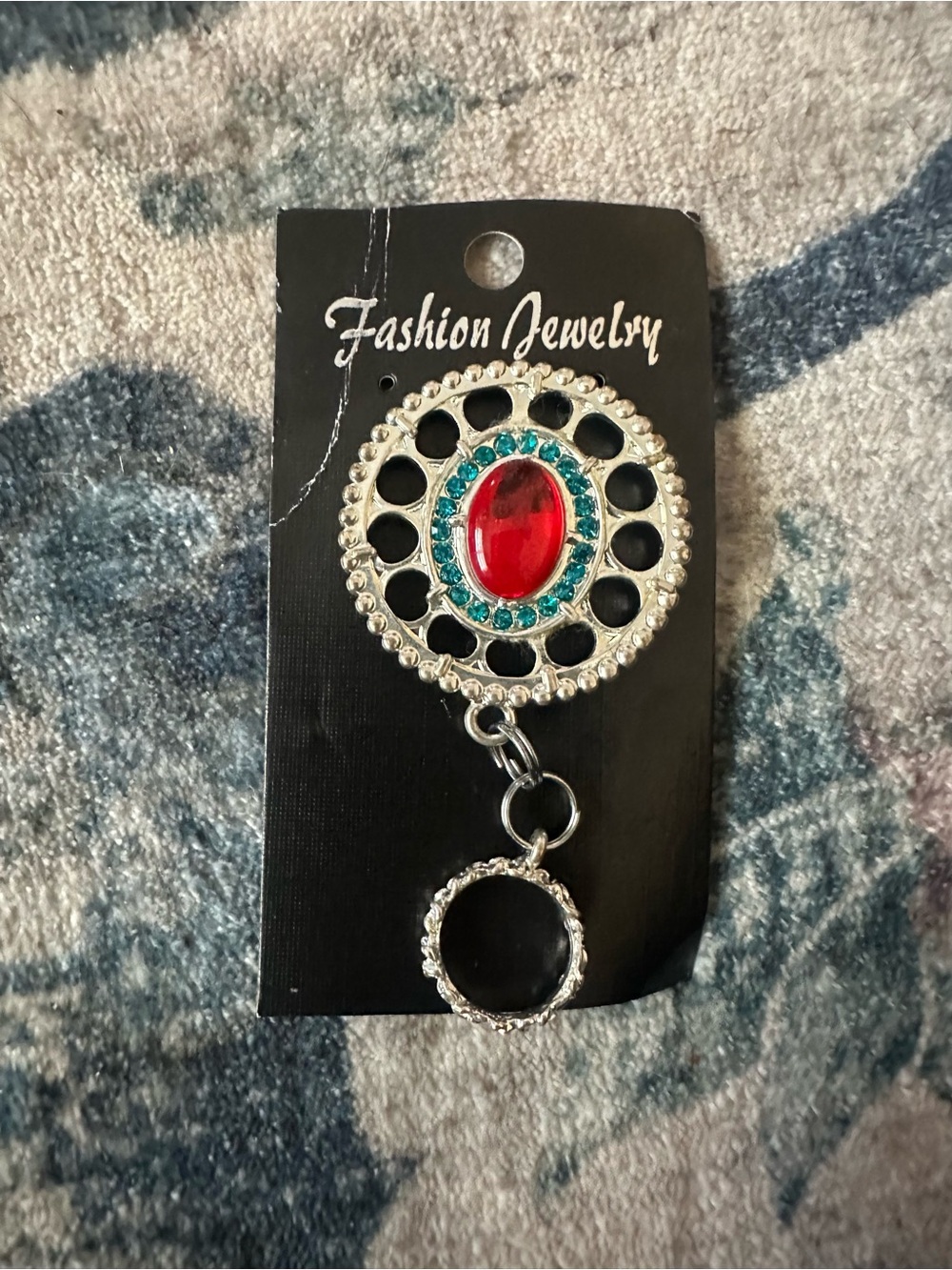 Magnetic Badge Holder Fashion Jewelry Red and Teal Crystal Oval Pendant Keyring
